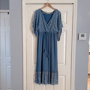Lapogee Blue Boho Maxi dress Large elastic waist short sleeve Size M